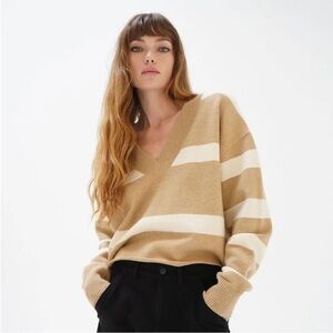 LNA Clothing Morjana V Neck Sweater in Camel Stripe